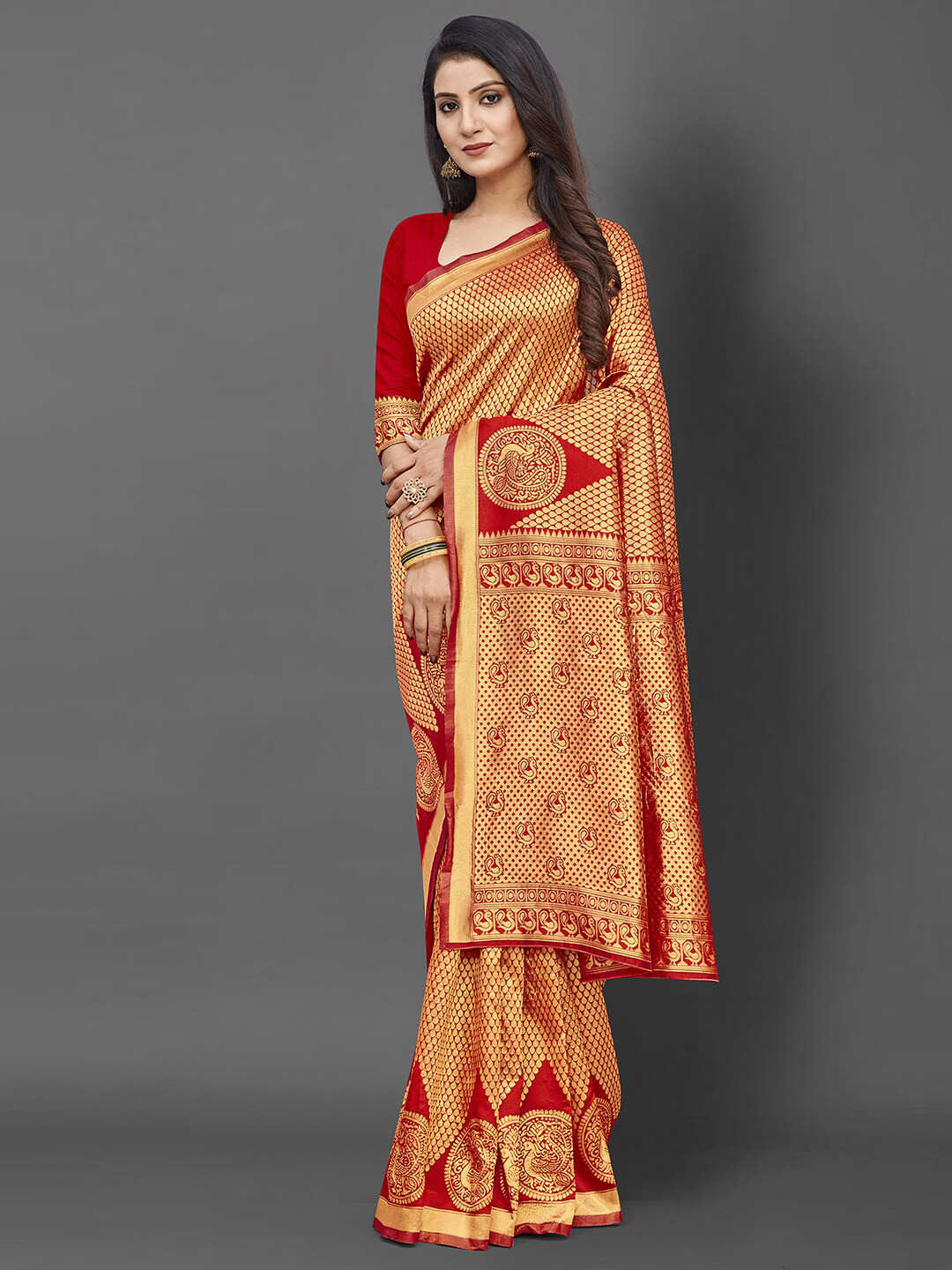 

KALINI Red & Gold-Toned Ethnic Motifs Zari Silk Blend Banarasi Saree
