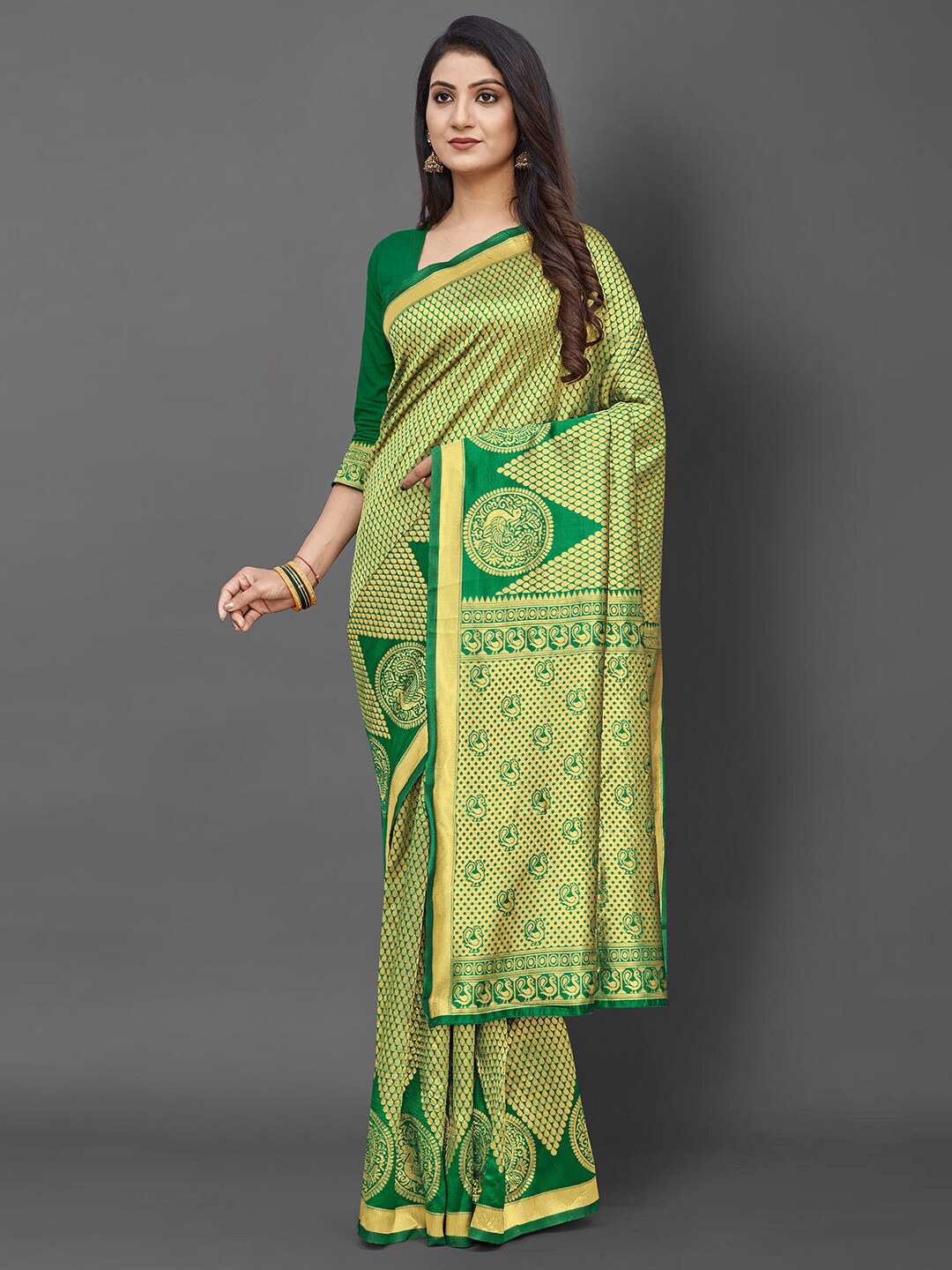 

KALINI Green & Gold-Toned Ethnic Motifs Zari Silk Blend Banarasi Saree