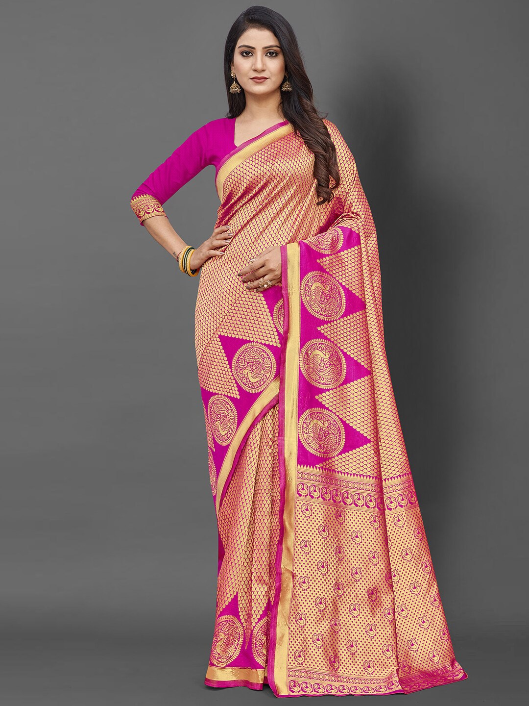 

KALINI Pink & Gold-Toned Ethnic Motifs Zari Silk Blend Banarasi Saree