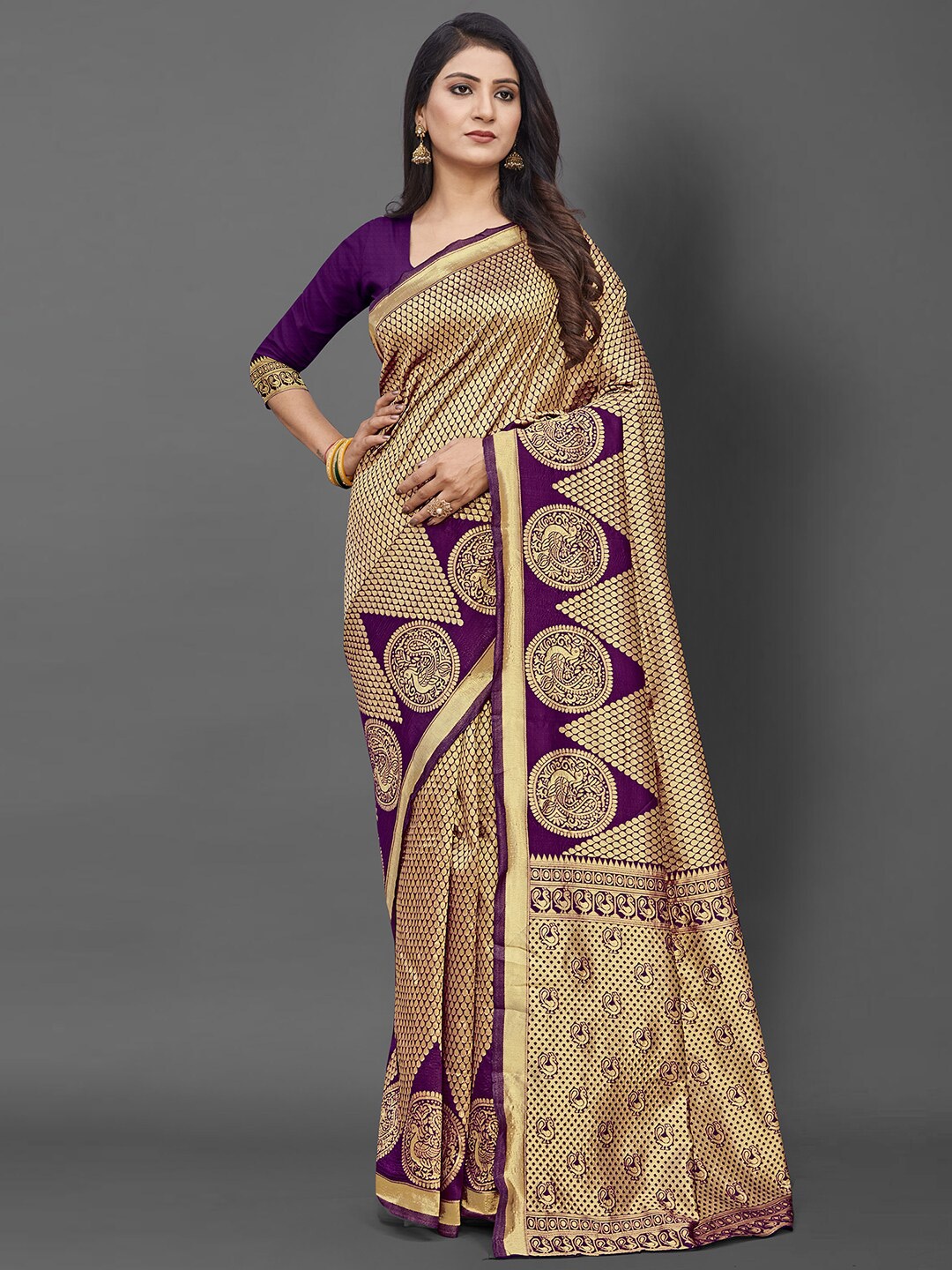 

KALINI Purple & Gold-Toned Ethnic Motifs Zari Silk Blend Banarasi Saree