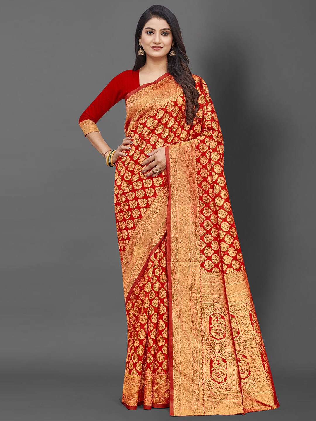 

KALINI Red & Gold-Toned Woven Design Zari Silk Blend Banarasi Saree