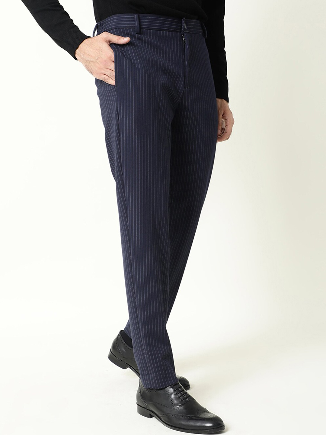 

RARE RABBIT Men Ander Mid-Rise Striped Slim Fit Trouser, Navy blue