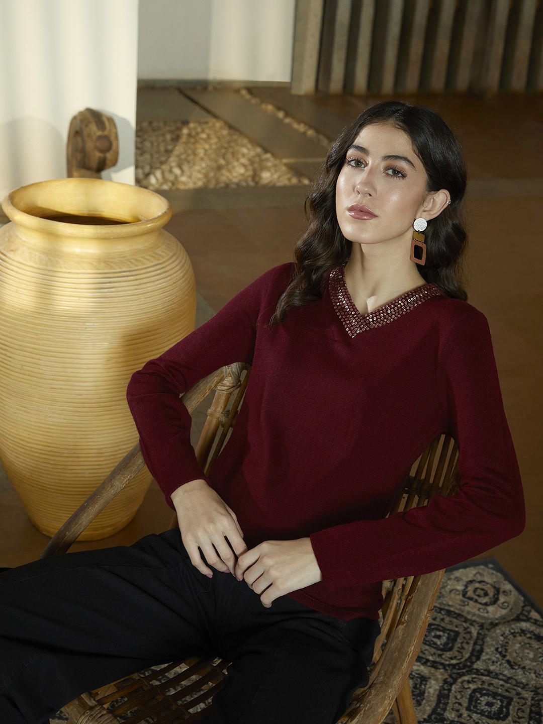 

Anouk Women Maroon Acrylic Pullover with Embellished Detail