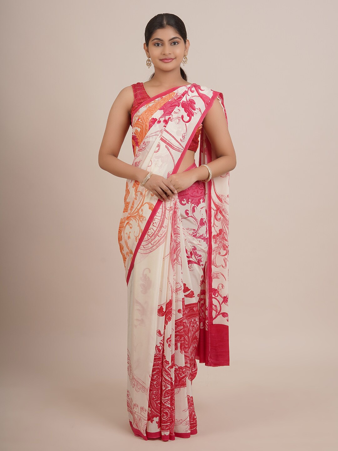 

Pothys Off White & Red Pure Chiffon Saree