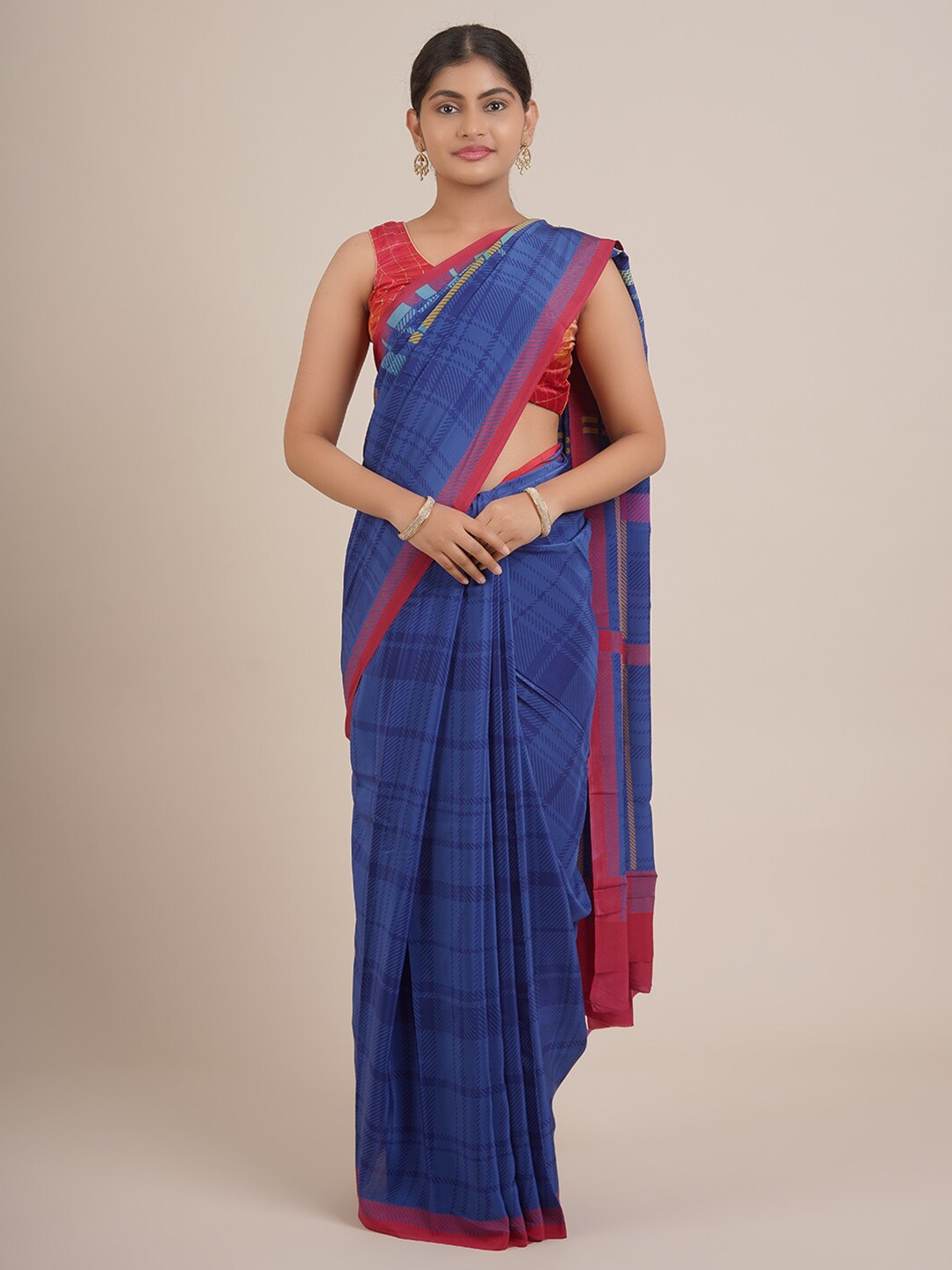 

Pothys Blue & Maroon Checked Pure Chiffon Saree