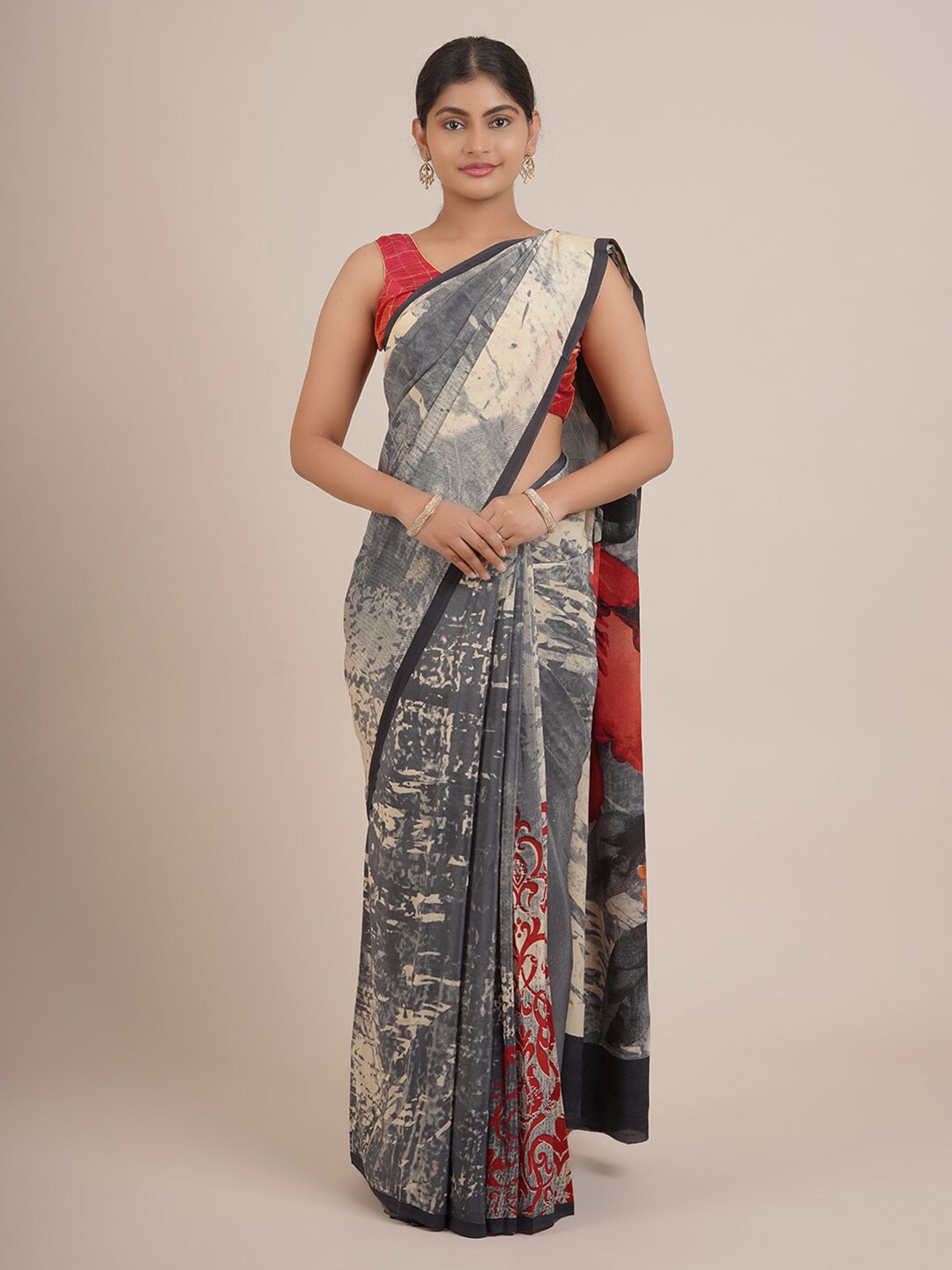 

Pothys Grey & Red Pure Chiffon Saree