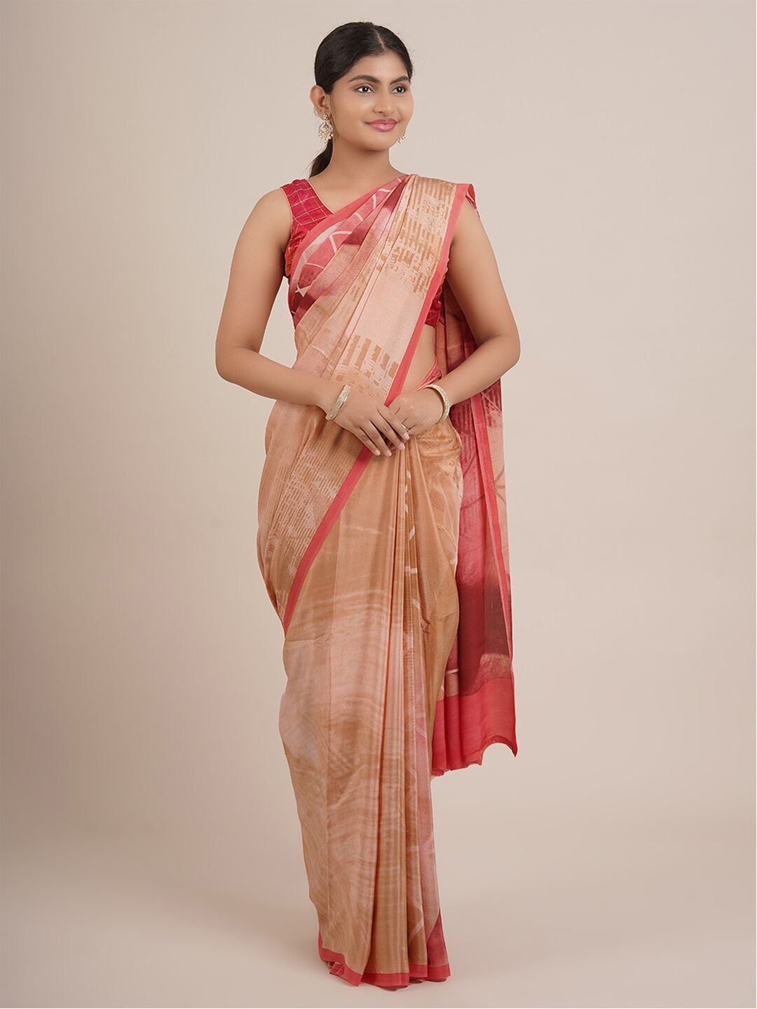 

Pothys Pink And Beige Abstract Print Pure Chiffon Saree