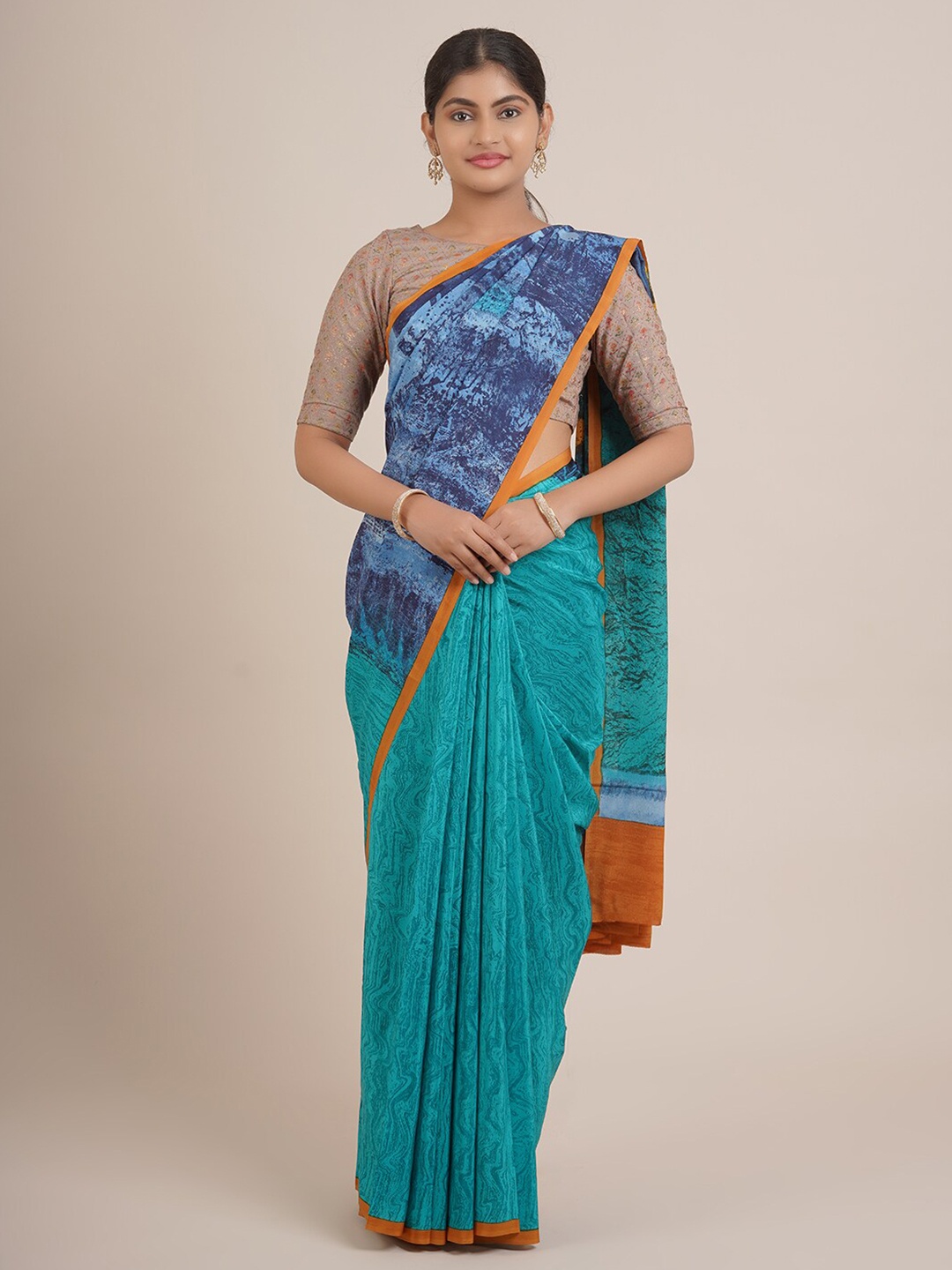 

Pothys Blue And Yellow Abstract Print Pure Chiffon Saree