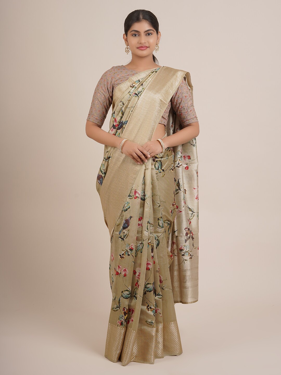 

Pothys Green And Gold Toned Floral Print Zari Border Pure Silk Saree