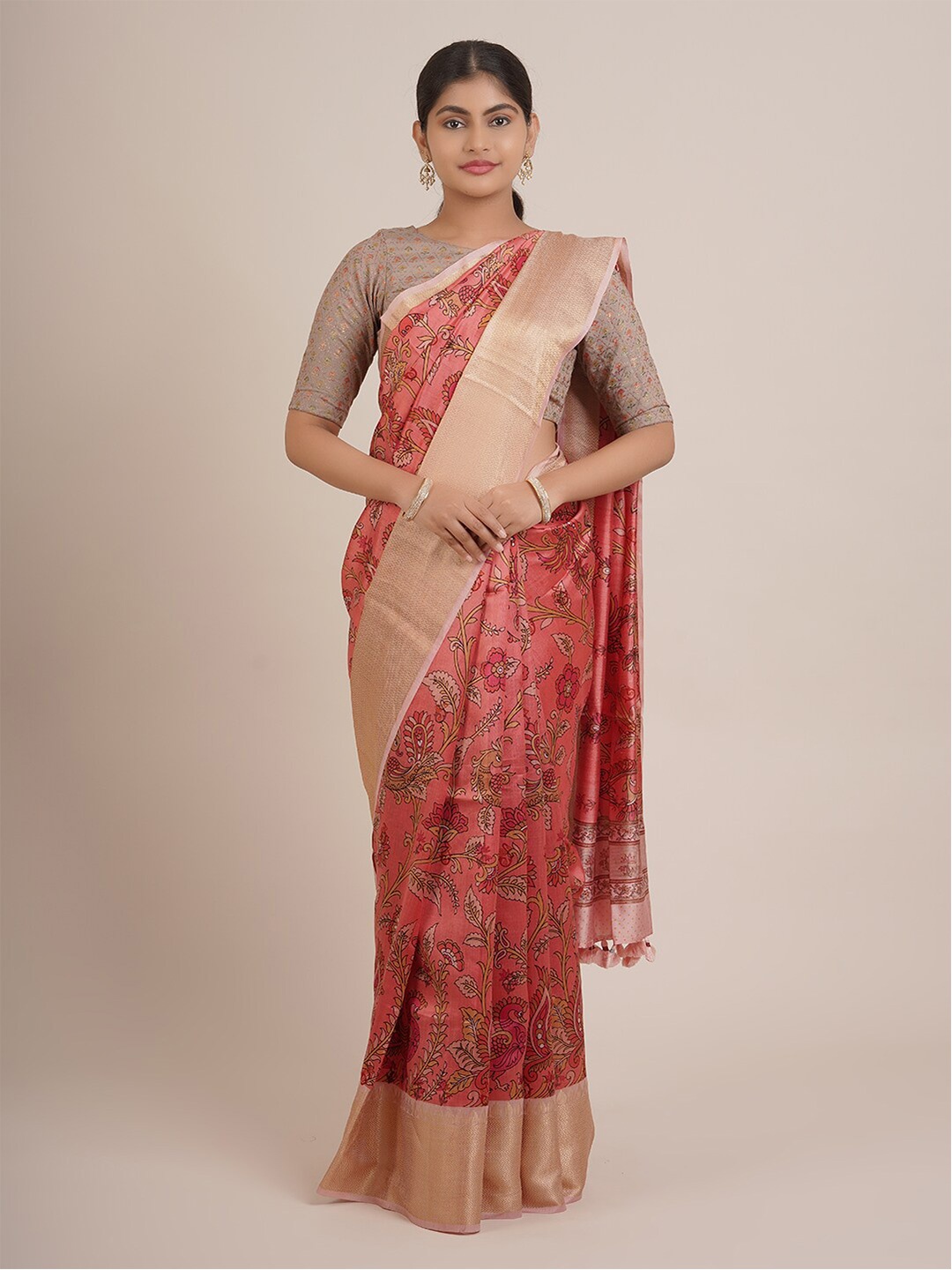 

Pothys Pink And Gold Toned Ethnic Motifs Printed Zari Border Pure Silk Saree