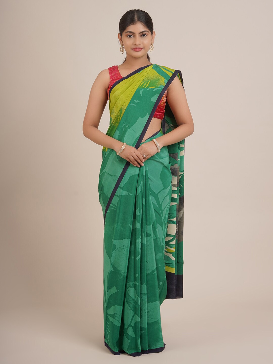 

Pothys Green And Yellow Abstract Print Pure Chiffon Saree