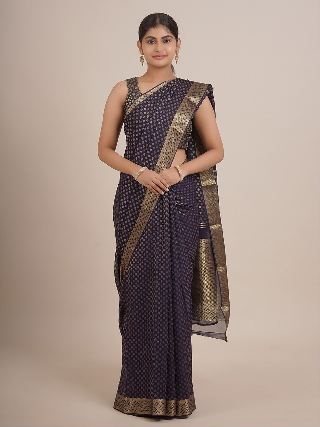 

Pothys Navy Blue & Gold-Toned Ethnic Motifs Zari Pure Georgette Saree