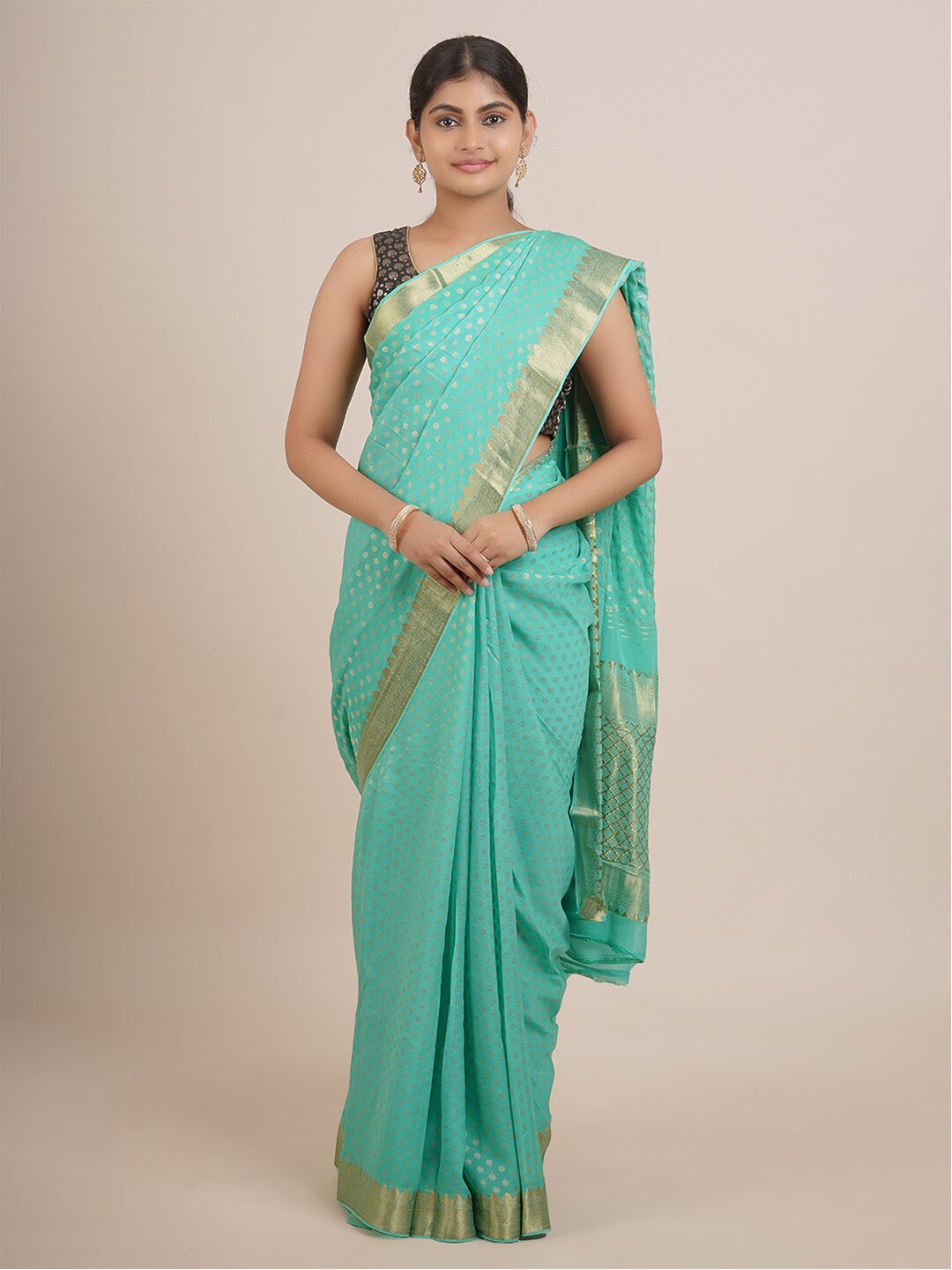

Pothys Blue & Gold-Toned Ethnic Motifs Zari Pure Georgette Saree