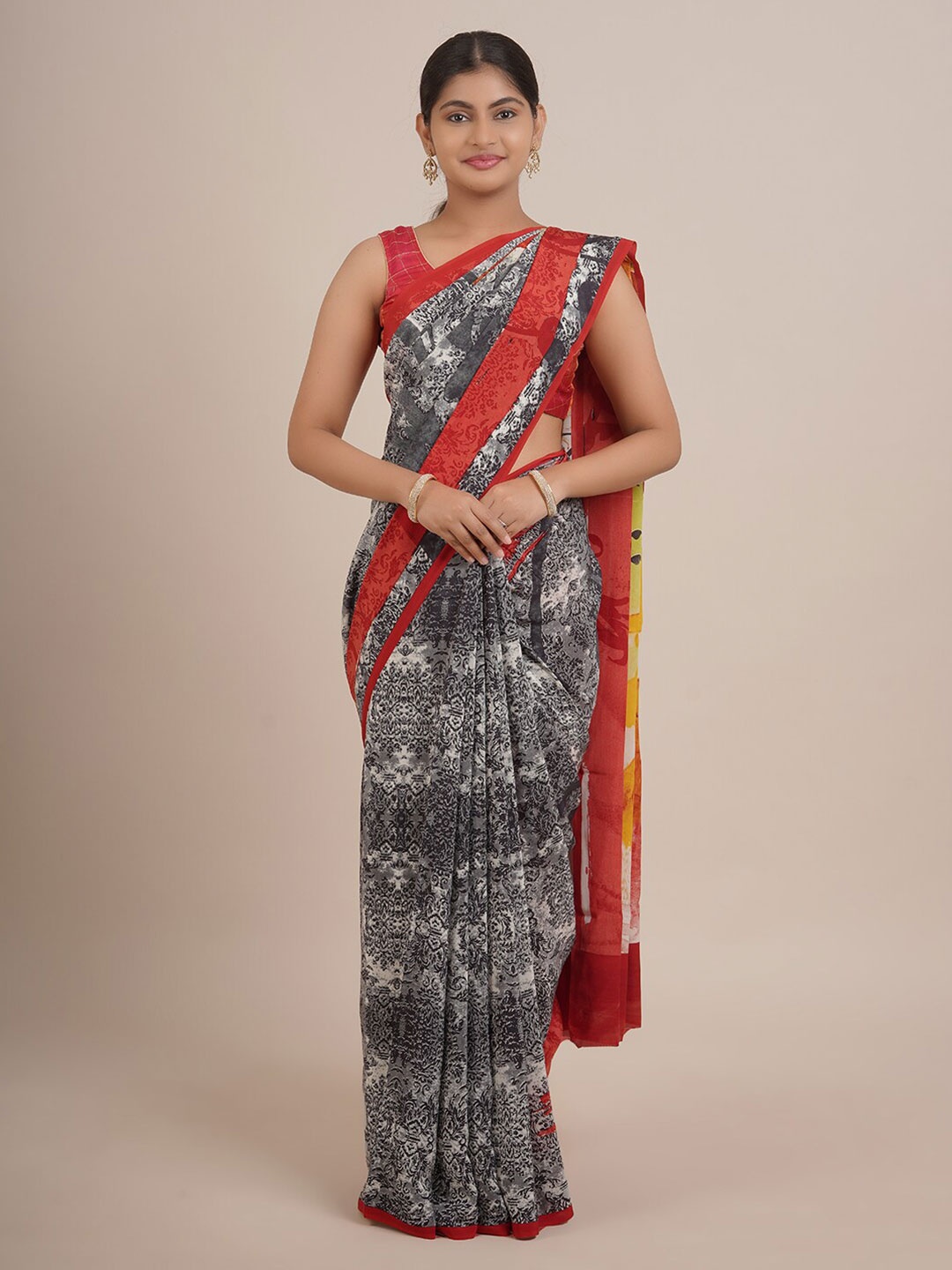 

Pothys Grey & Red Pure Chiffon Saree