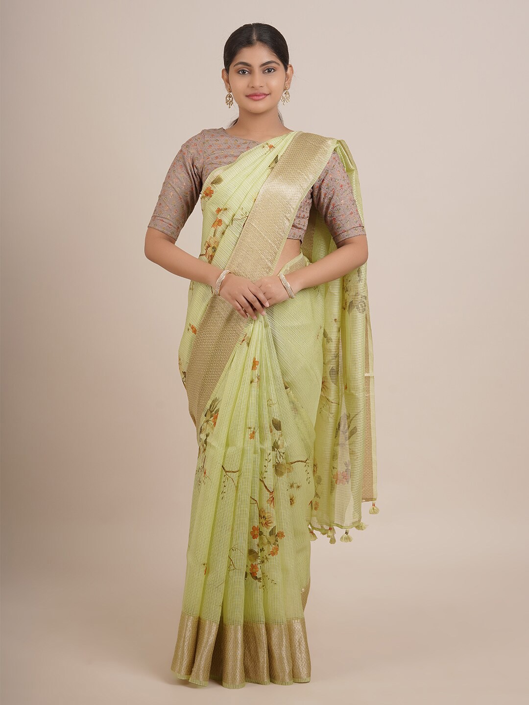 

Pothys Green & Orange Floral Zari Pure Silk Saree