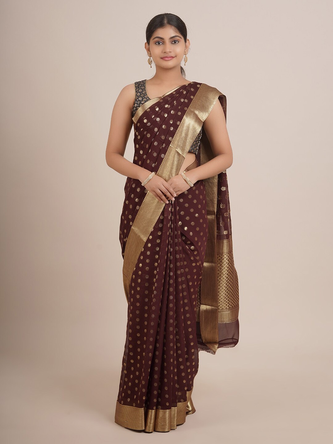 

Pothys Brown & Gold-Toned Zari Pure Georgette Saree
