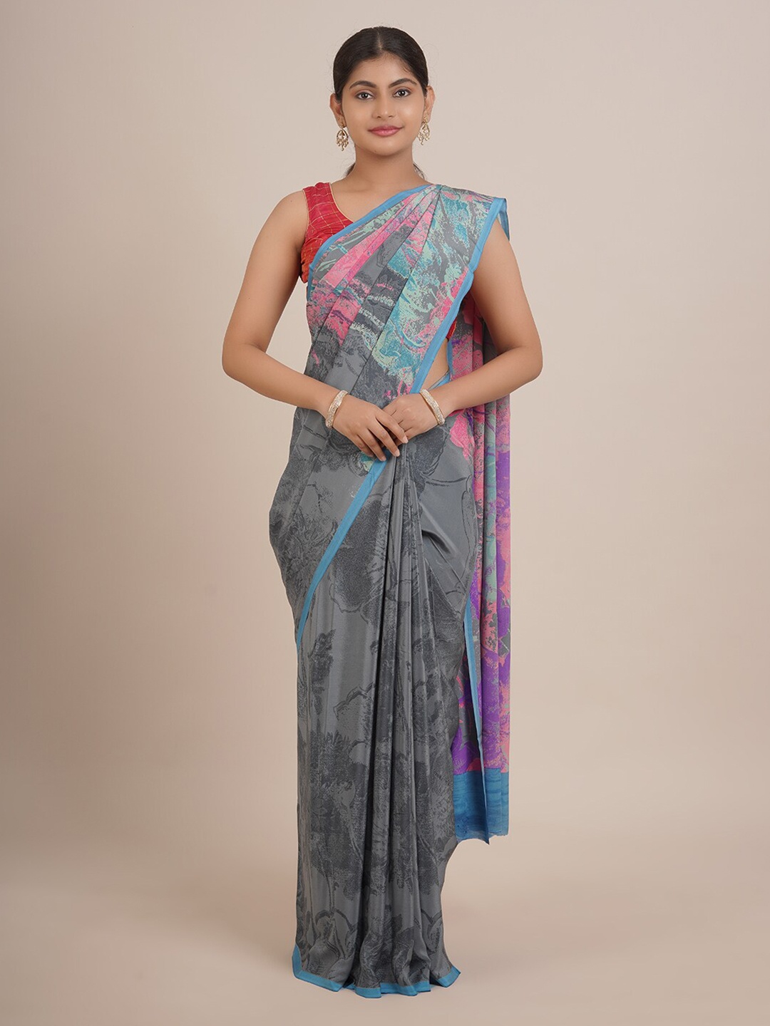 

Pothys Blue & Grey Floral Pure Chiffon Saree