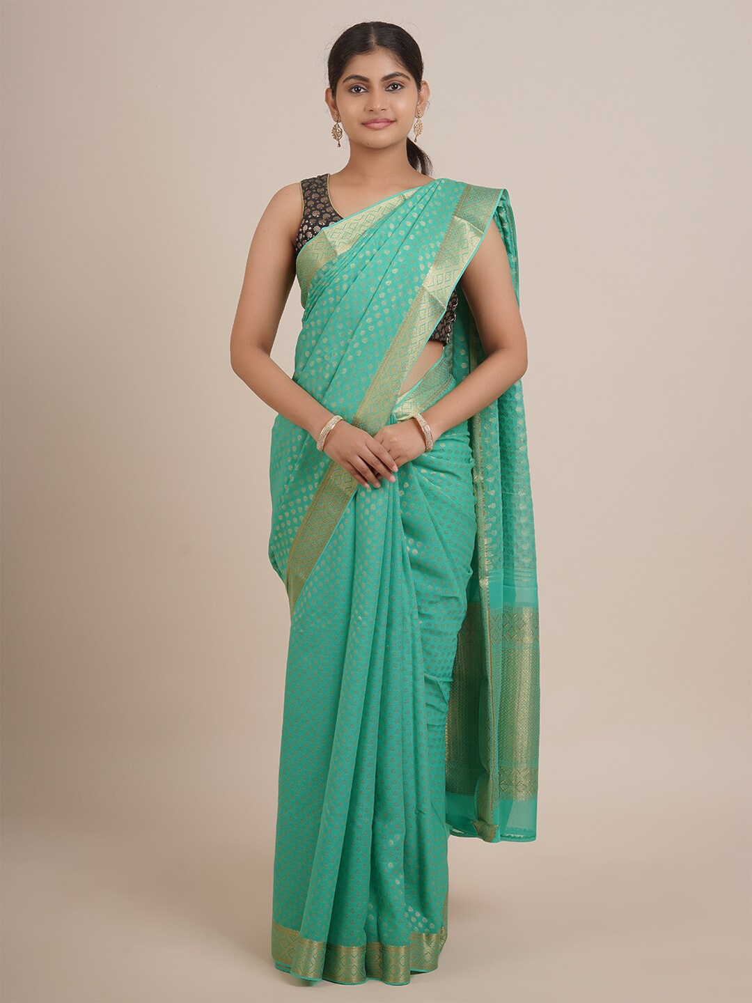 

Pothys Green & Gold-Toned Ethnic Motifs Zari Pure Georgette Saree