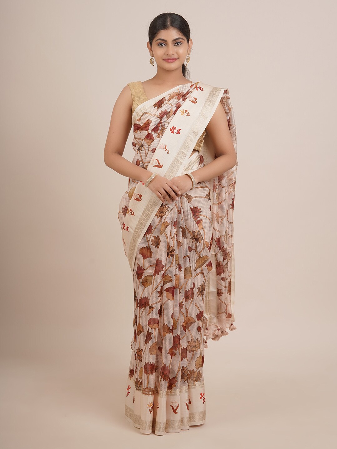 

Pothys Cream-Coloured & Brown Floral Pure Silk Saree