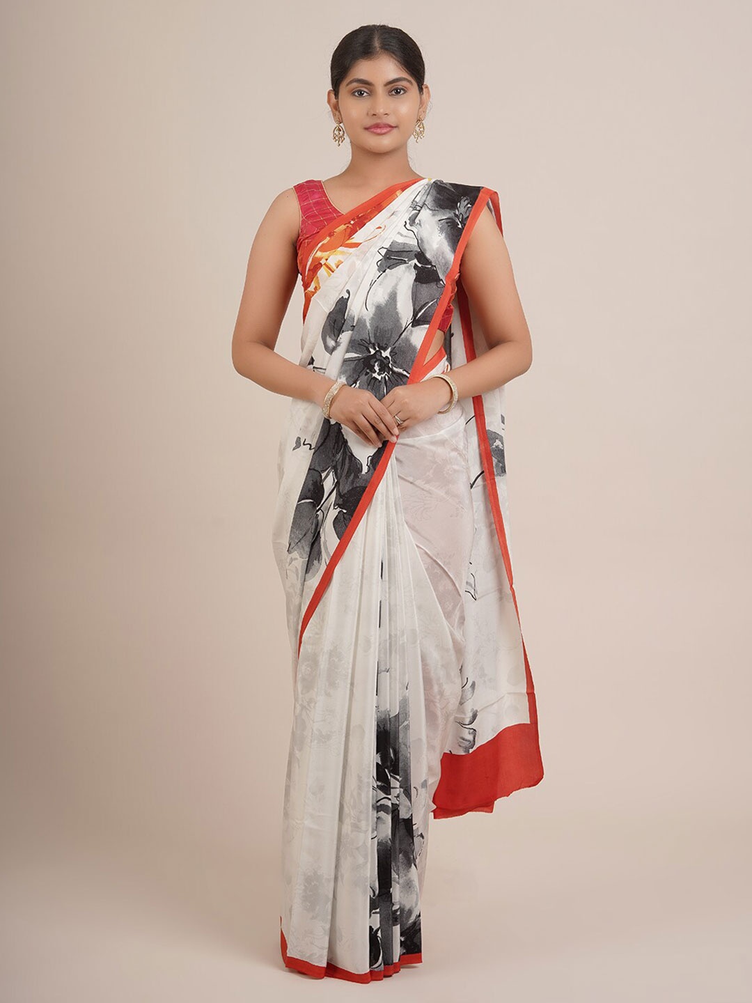 

Pothys White & Black Floral Pure Chiffon Saree