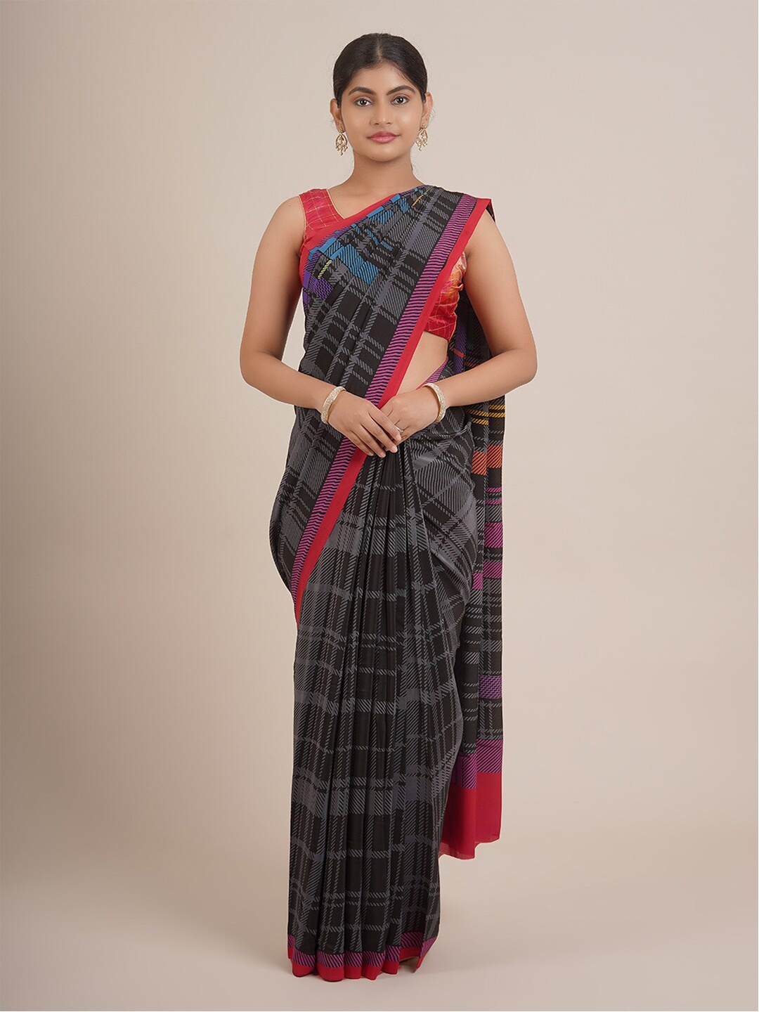 

Pothys Black & Purple Checked Pure Chiffon Saree