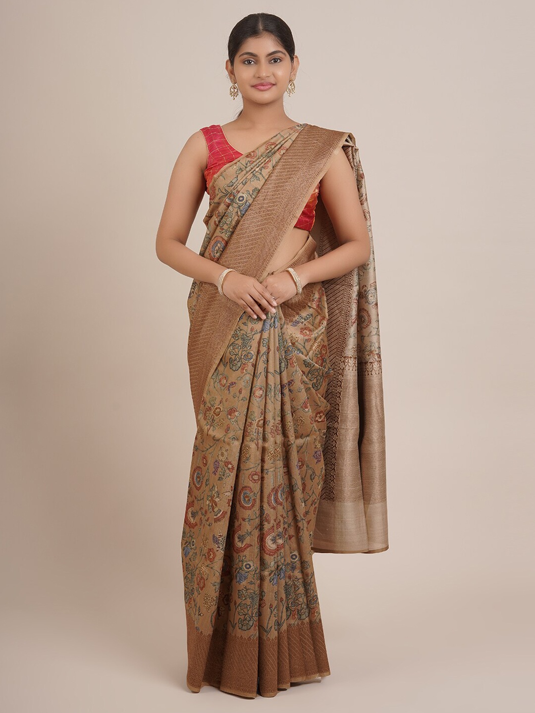 

Pothys Brown & Blue Floral Tissue Saree