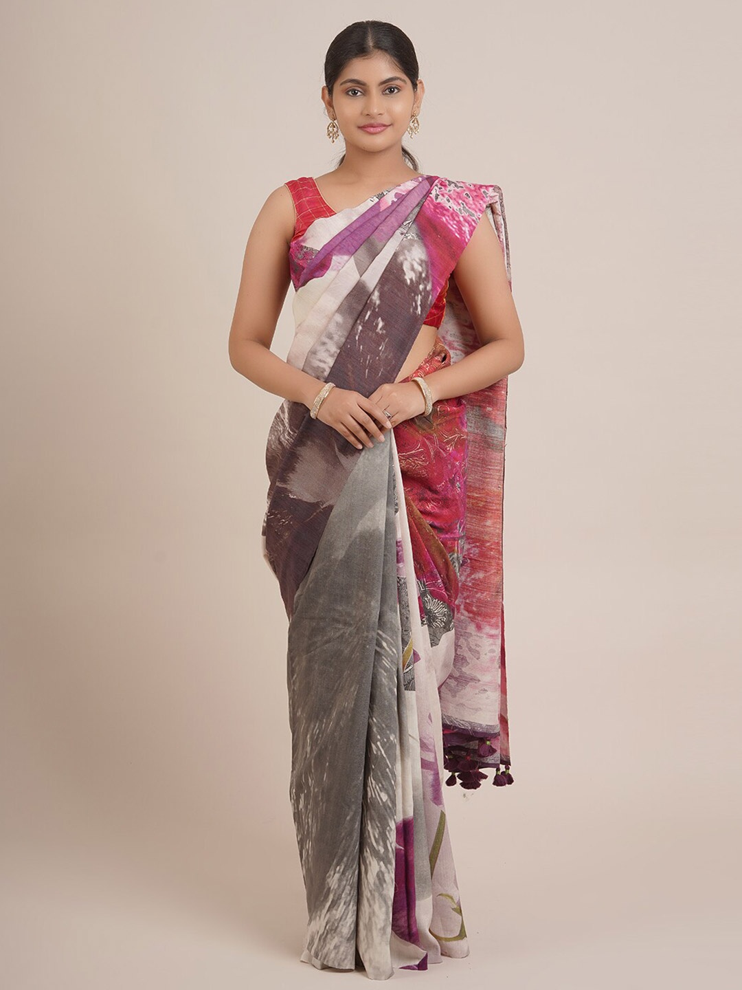 

Pothys Grey & Red Pure Silk Saree