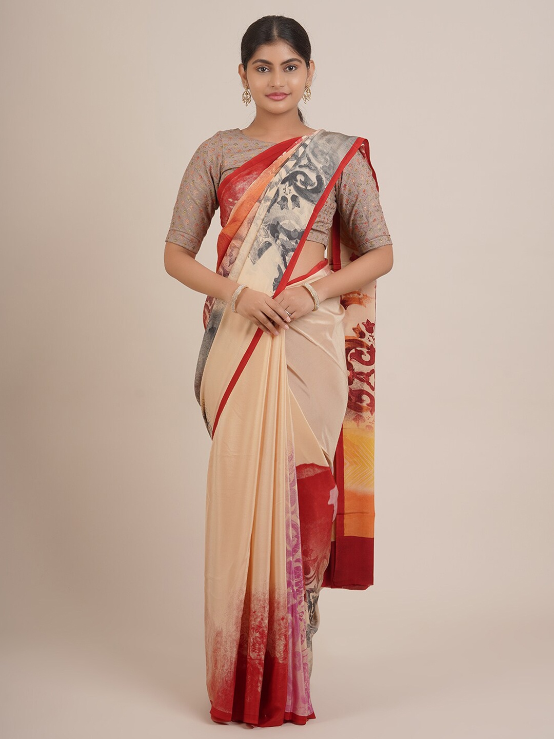 

Pothys Cream-Coloured & Red Ethnic Motifs Pure Chiffon Saree