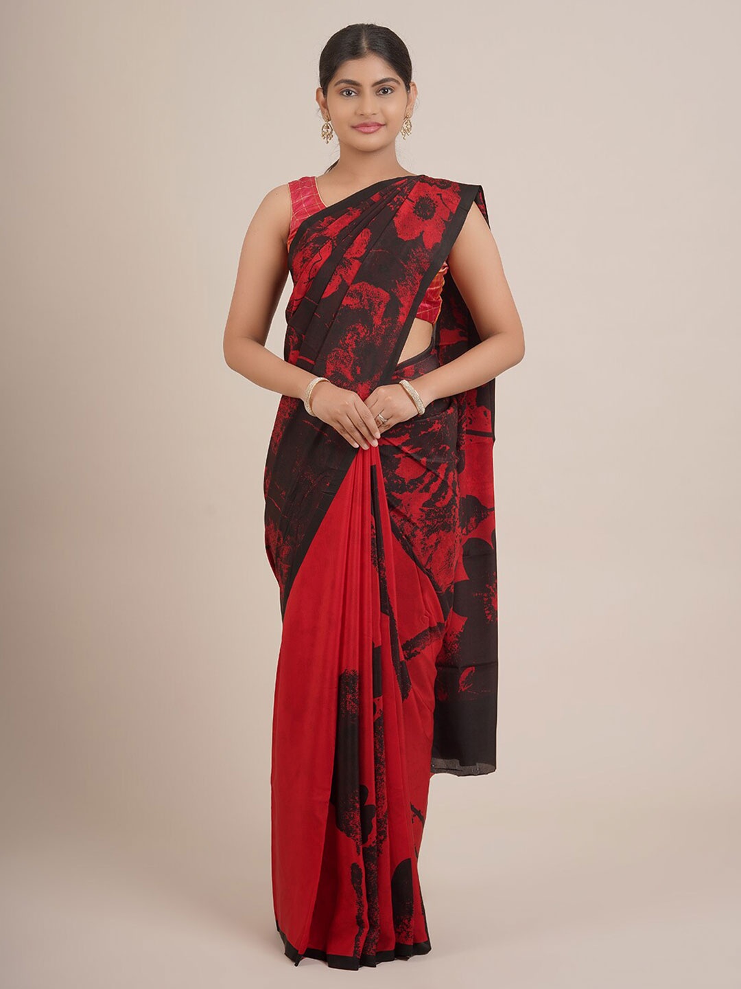 

Pothys Black & Red Floral Pure Chiffon Saree