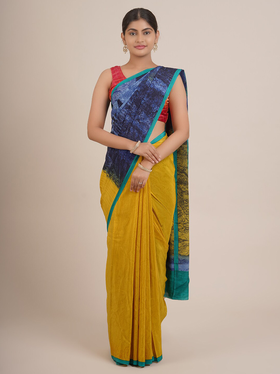 

Pothys Yellow & Blue Pure Chiffon Saree
