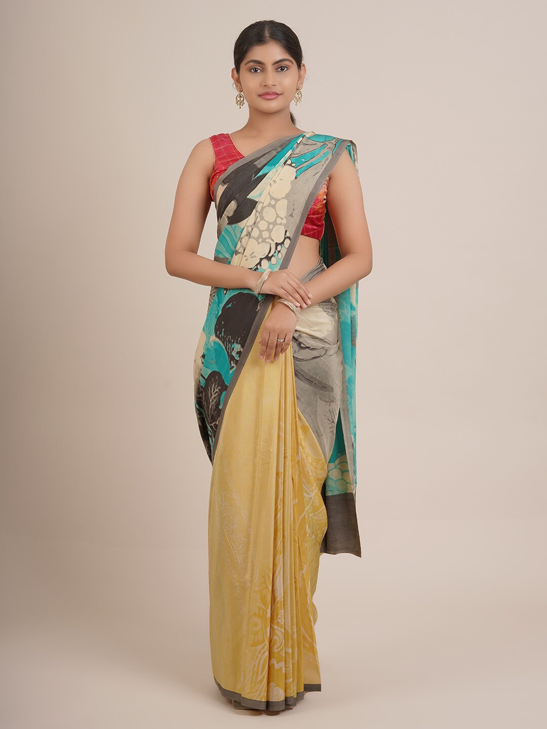 

Pothys Yellow & Blue Floral Pure Chiffon Saree
