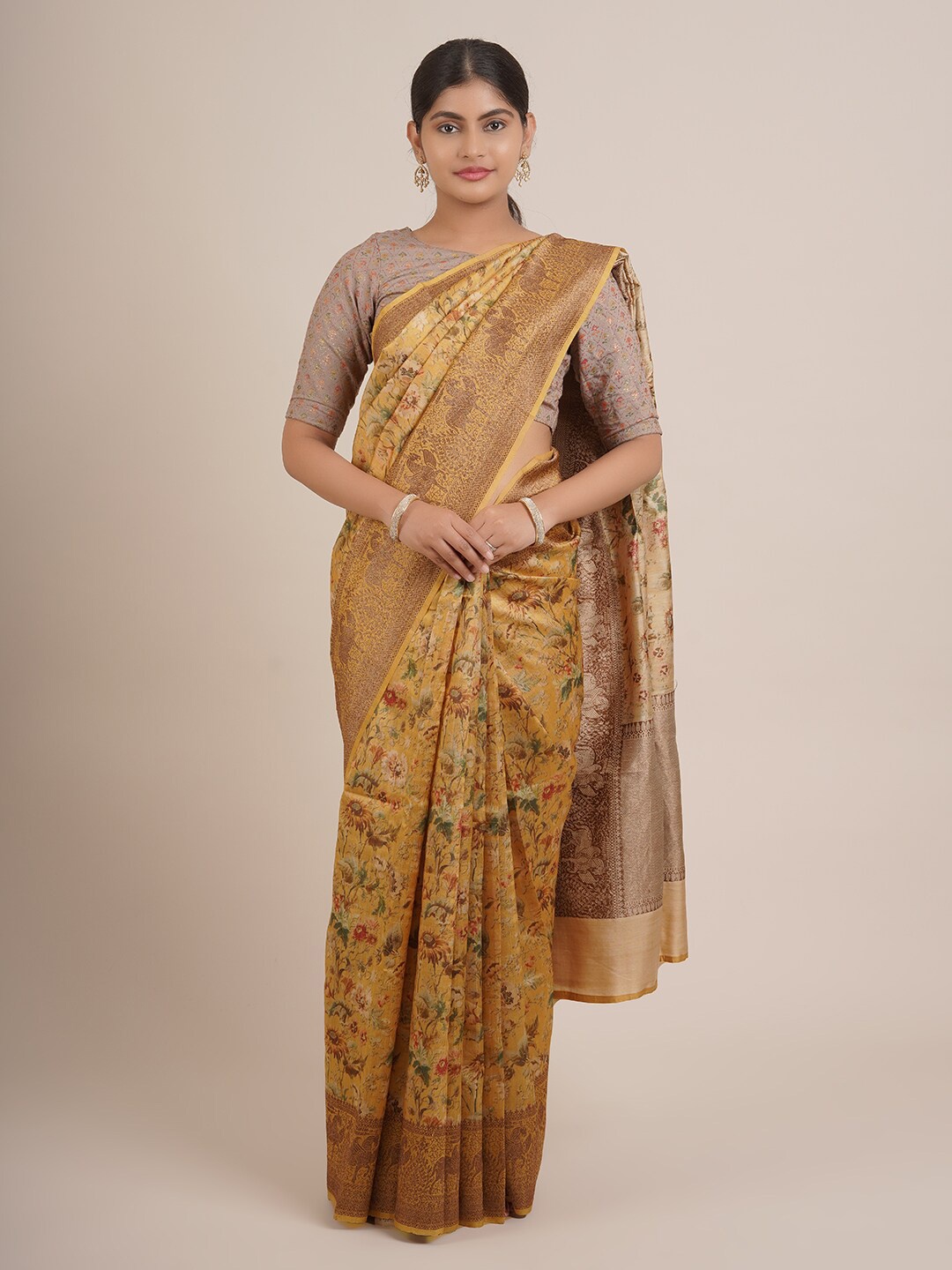 

Pothys Yellow & Green Floral Zari Tissue Saree