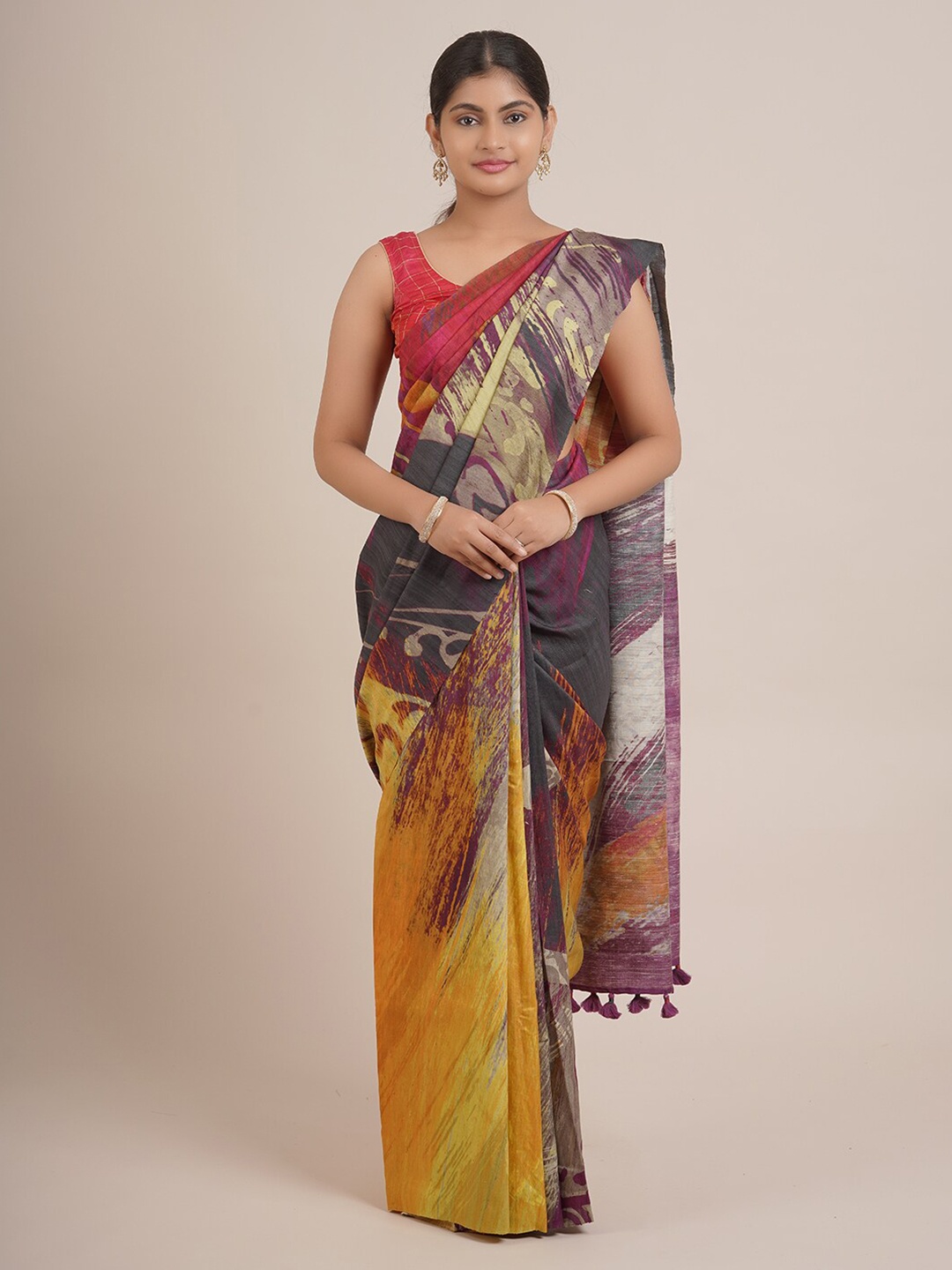 

Pothys Yellow & Purple Printed Pure Silk Saree