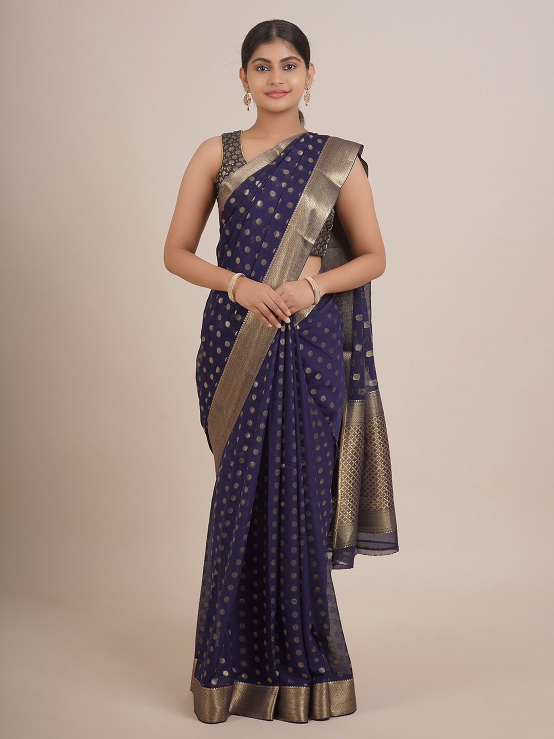 

Pothys Navy Blue & Gold-Toned Zari Pure Georgette Saree