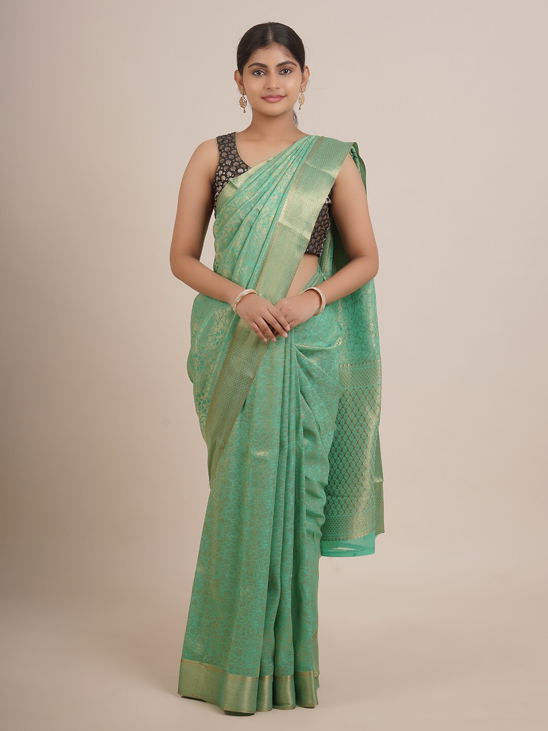 

Pothys Green & Gold-Toned Floral Zari Pure Georgette Saree