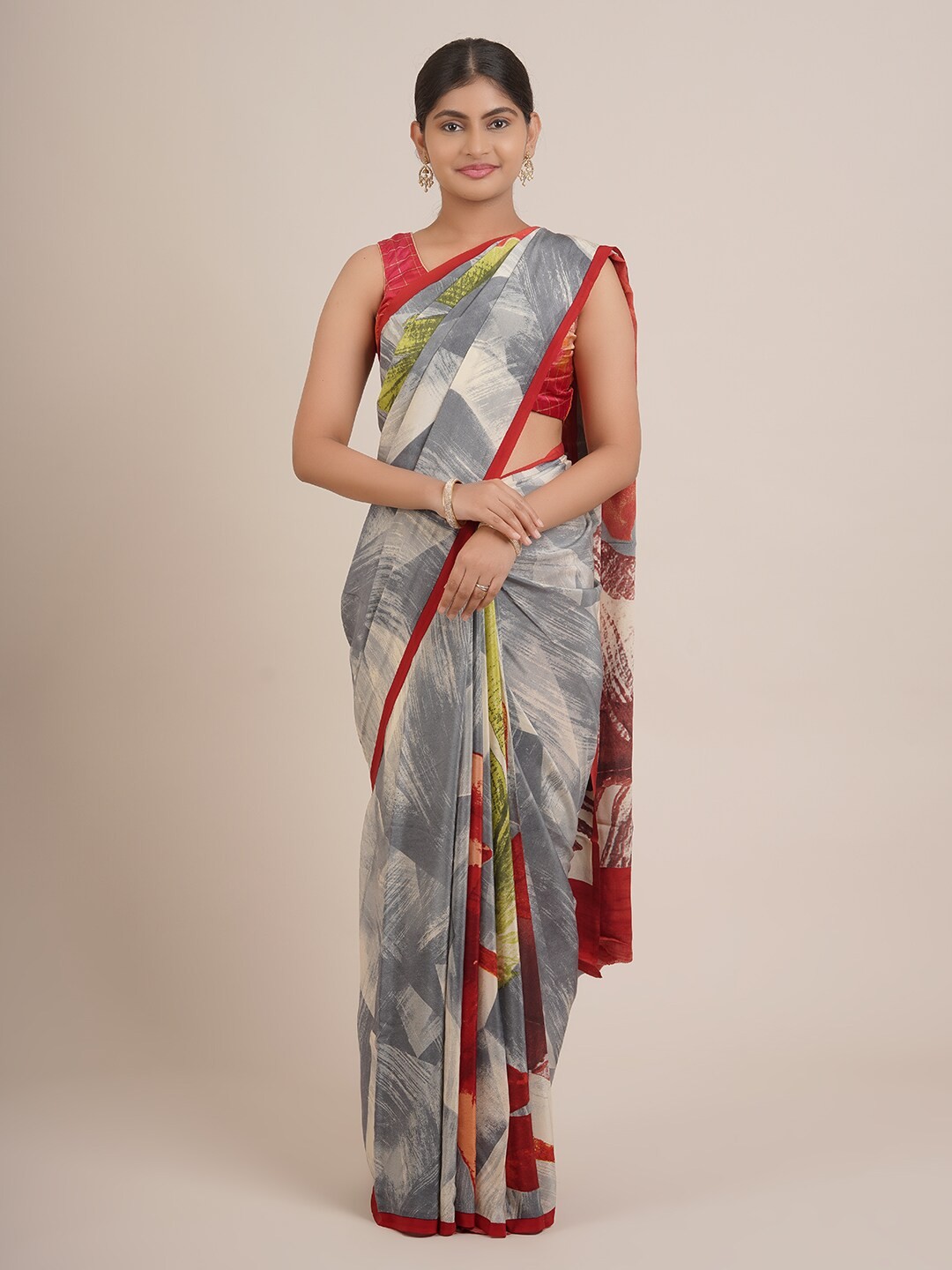 

Pothys Grey & Red Pure Chiffon Saree