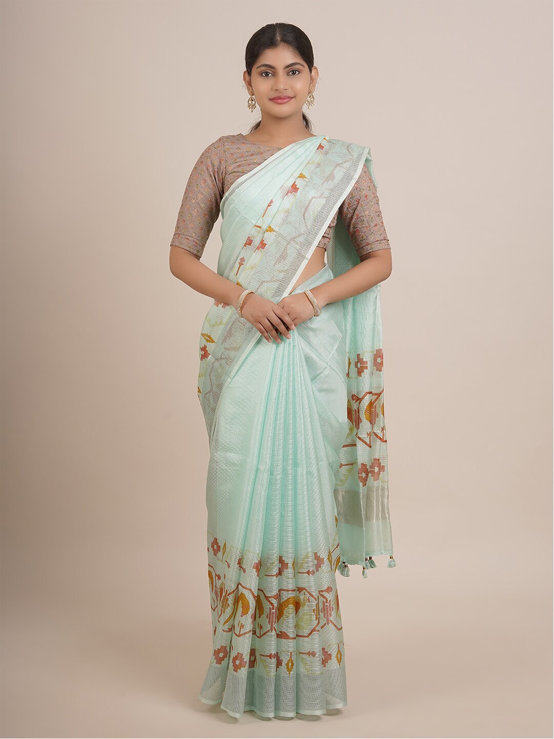 

Pothys Green & Orange Printed Zari Pure Silk Saree