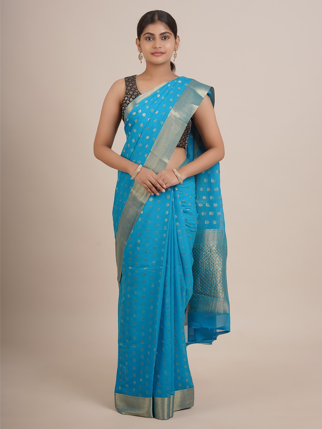 

Pothys Blue & Gold-Toned Zari Pure Silk Saree