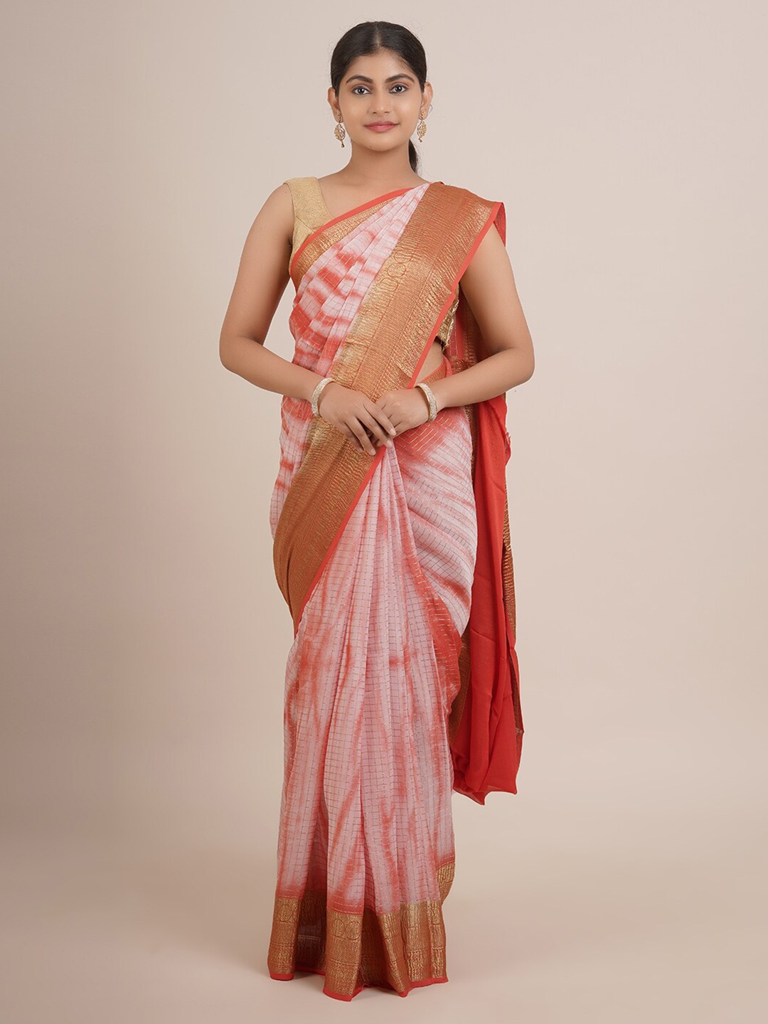 

Pothys Pink & Gold-Toned Tie and Dye Zari Pure Georgette Saree