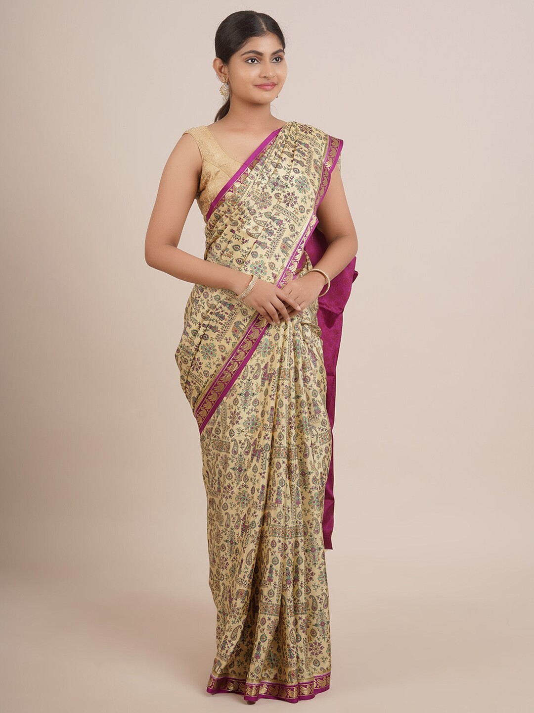 

Pothys Cream-Coloured & Purple Ethnic Motifs Zari Pure Silk Saree