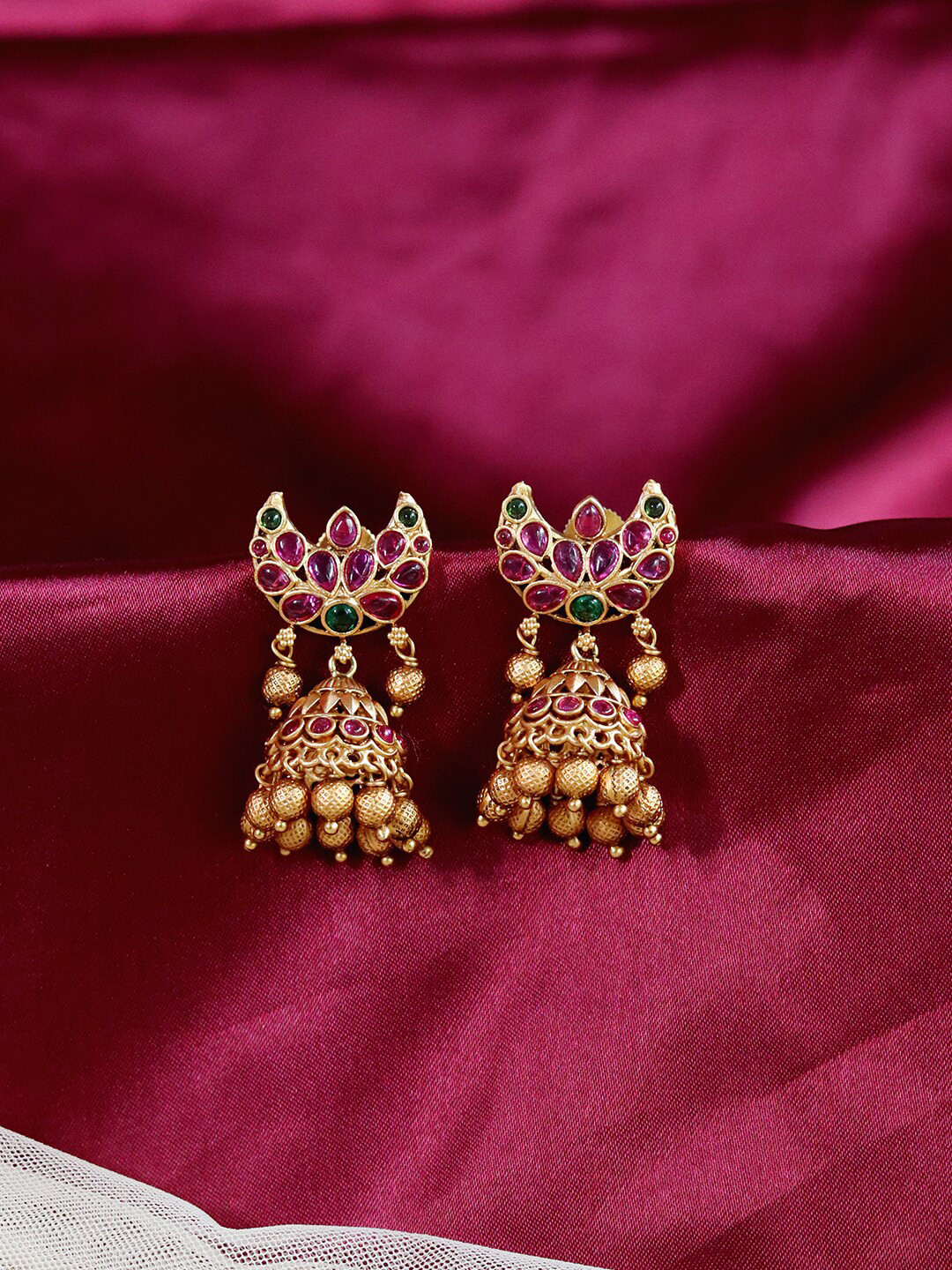 

Ishhaara Women Gold-Toned & Pink Classic Jhumkas Earrings