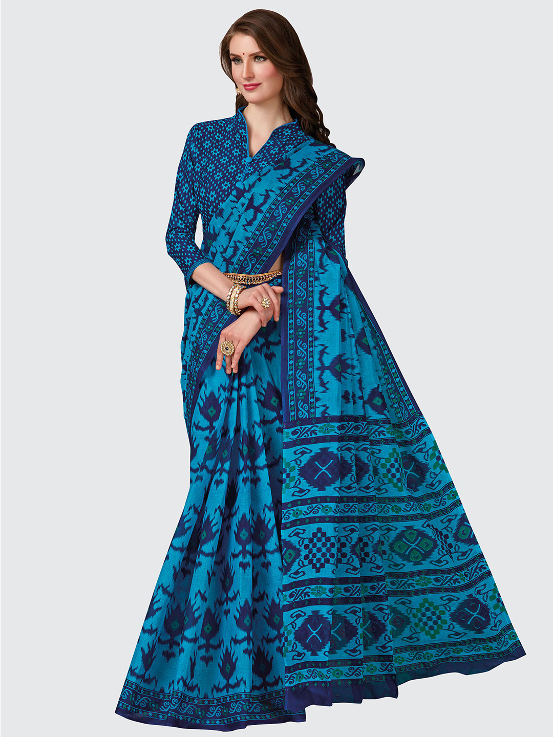 

SHANVIKA Blue Floral Pure Cotton Block Print Saree