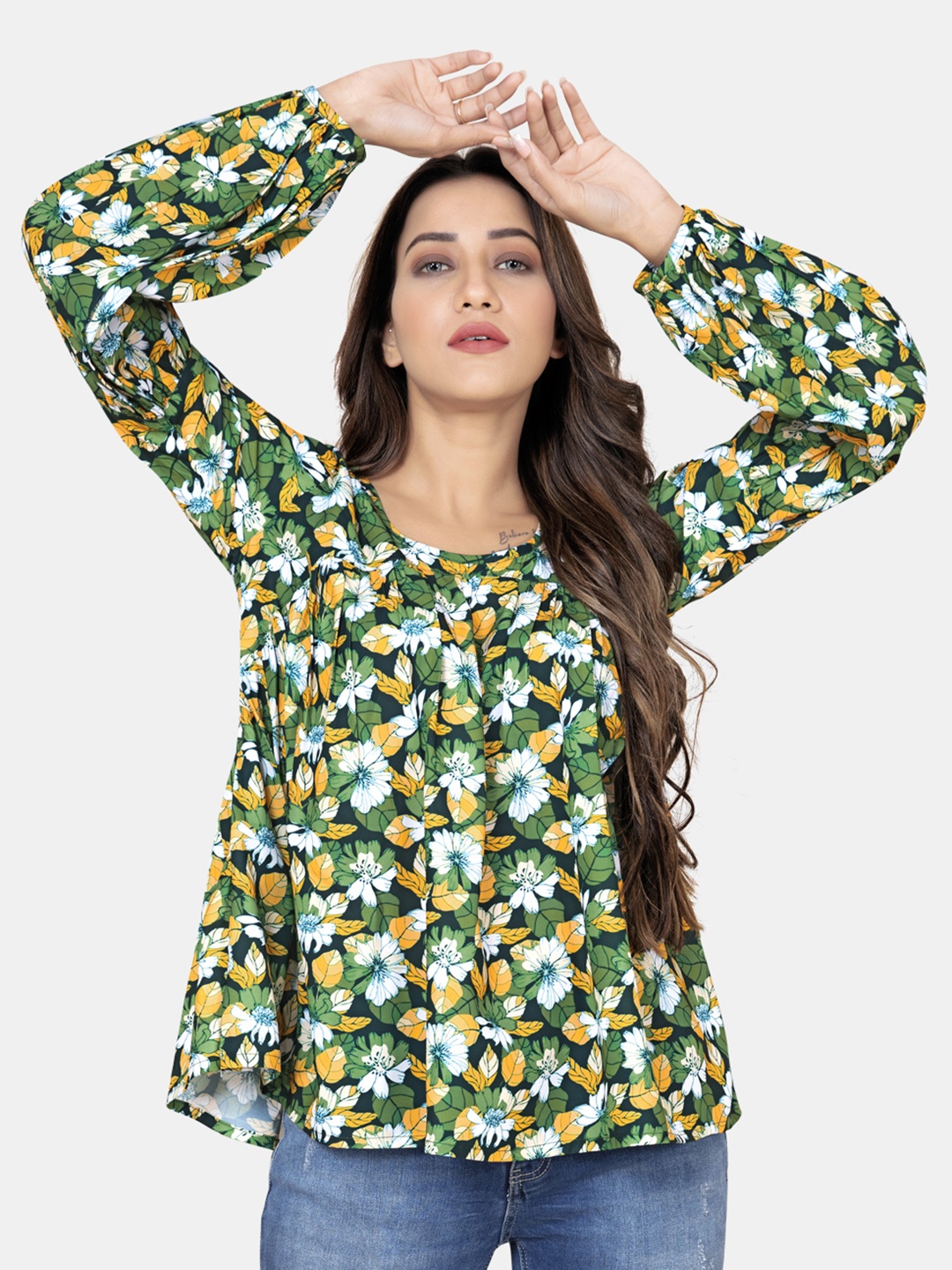 

FASHION DREAM Women Green & Yellow Floral Print Bishop Sleeves Top