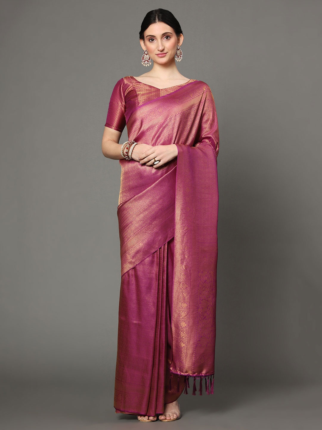 

Ekta Textiles Magenta & Gold-Toned Ethnic Motifs Zari Pure Silk Banarasi Saree