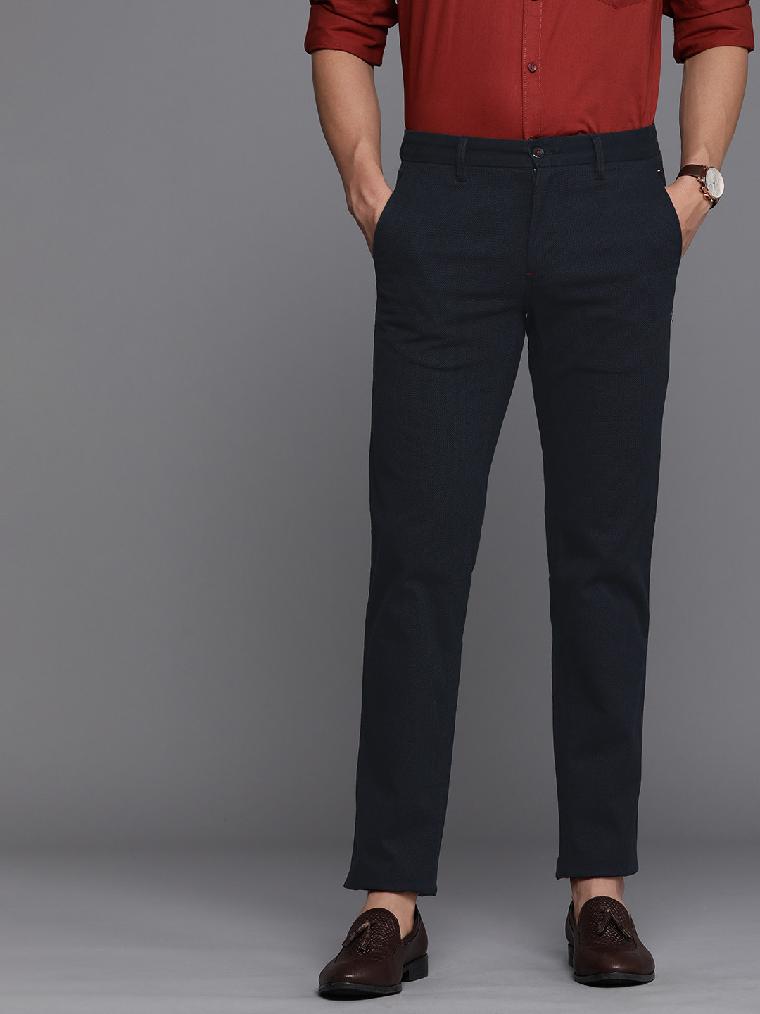 

Louis Philippe Sport Men Self Design Textured Comfort Slim Fit Trousers, Black