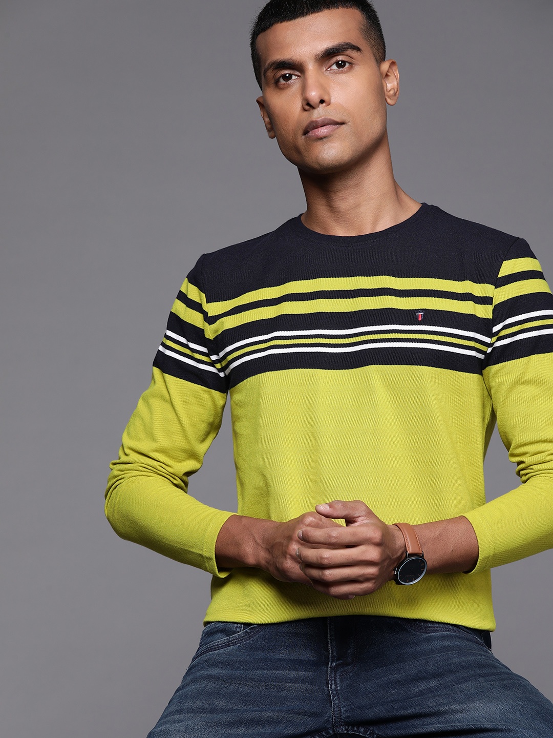 

Louis Philippe Sport Men Green & Navy Blue Striped T-shirt