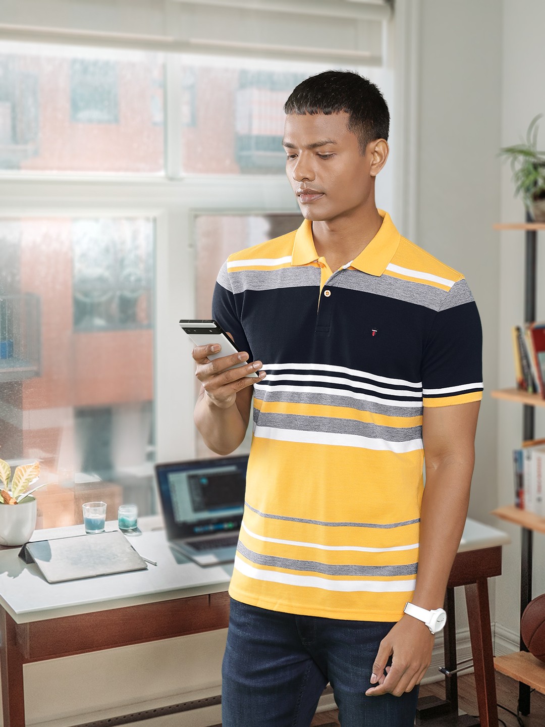 

Louis Philippe Sport Men Striped Polo Collar T-shirt, Yellow