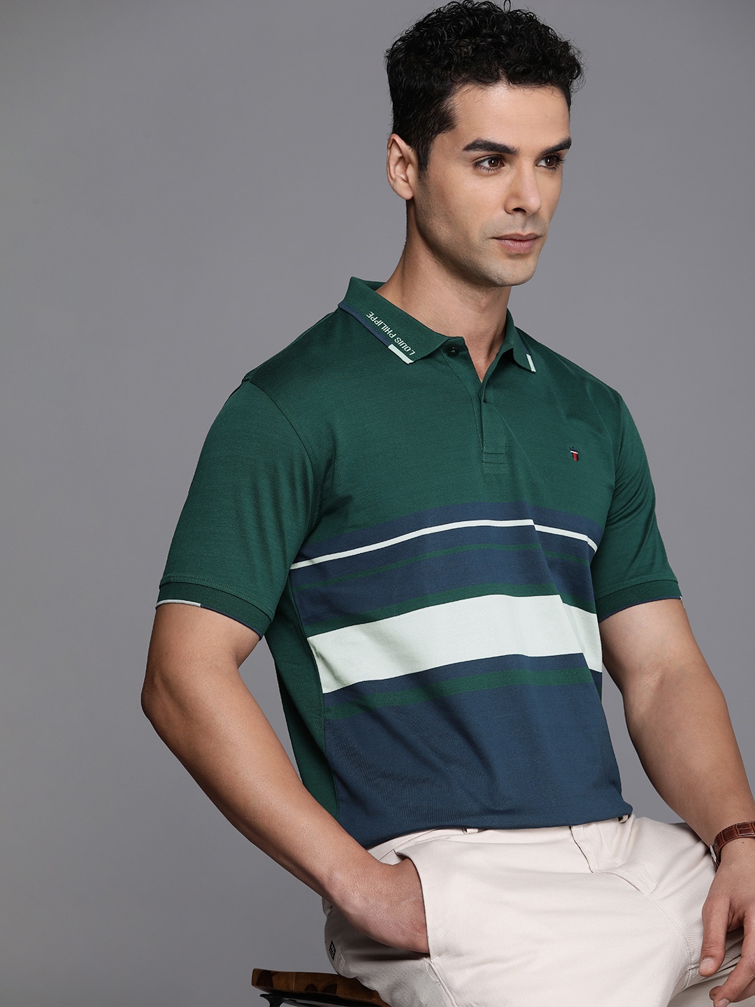 

Louis Philippe Sport Men Striped Polo Collar Pure Cotton Slim Fit T-shirt, Navy blue