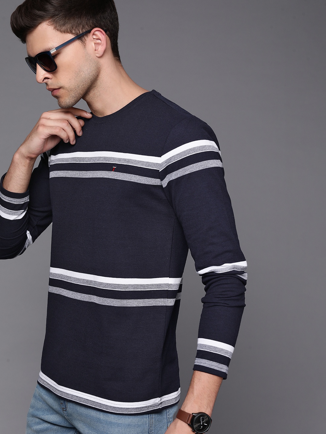 

Louis Philippe Sport Men Navy Blue & White Striped T-shirt