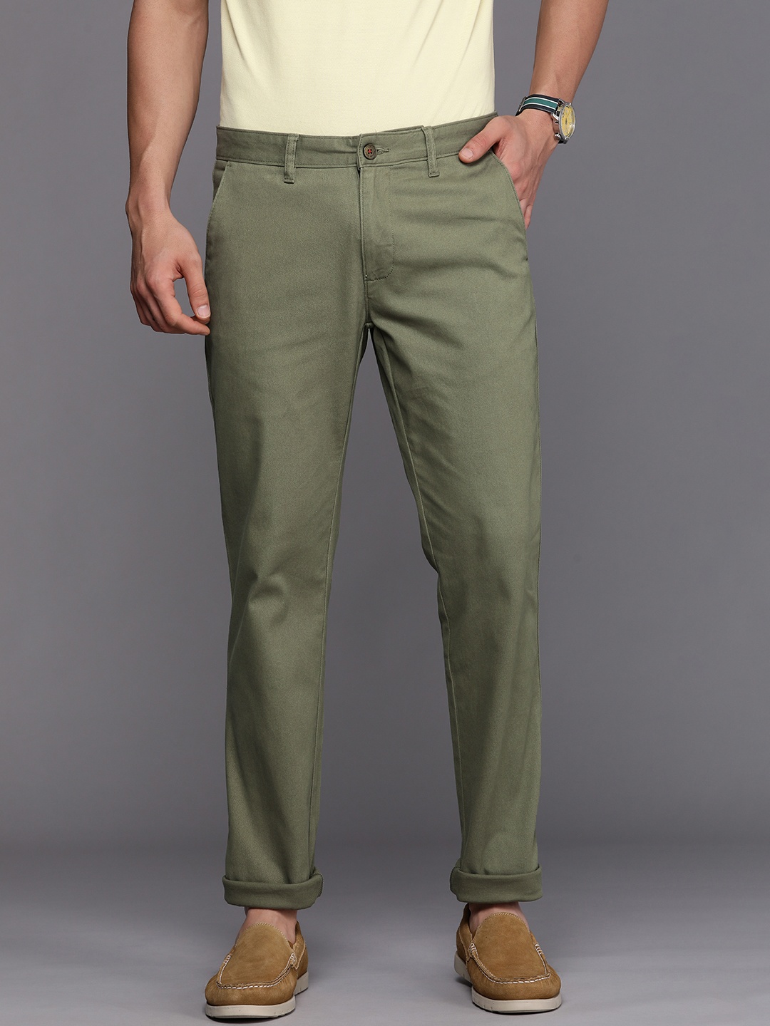 

Louis Philippe Sport Men Olive Green Solid Comfort Slim Fit Trousers